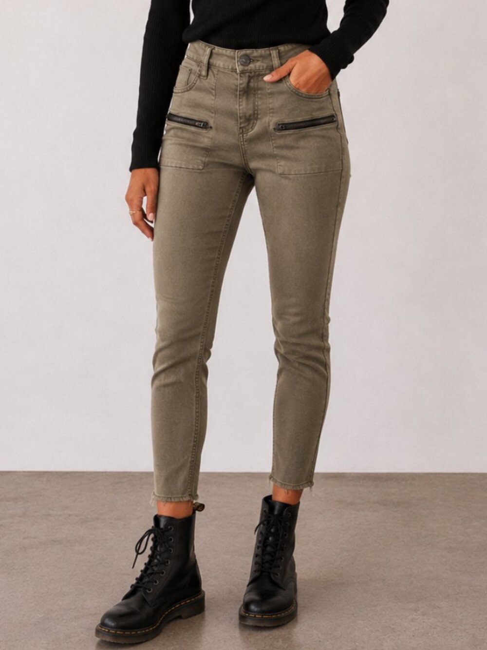 SANCTUARY Ace Utility Skinny Stretch Jeans Khaki Olive Green Zipper Pockets 29